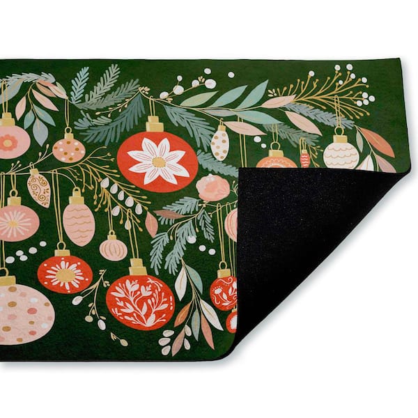 Holiday Florals & Ornament Shapes Green 18 in. x 30 in. Polyester Non-Slip Outdoor Door Mat