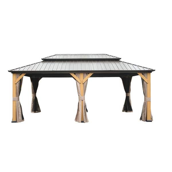 12 ft. x 20 ft. Outdoor Brown Cedar Wood Frame Hardtop Gazebo with Galvanized Steel Double Roof with Curtain and Netting