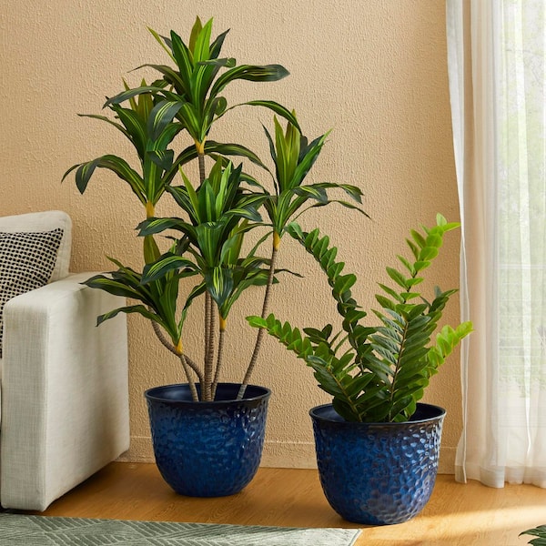 12 in. H Honeycomb Textured Cobalt Blue Faux Ceramic Pot Plastic Planter(Set of 2)
