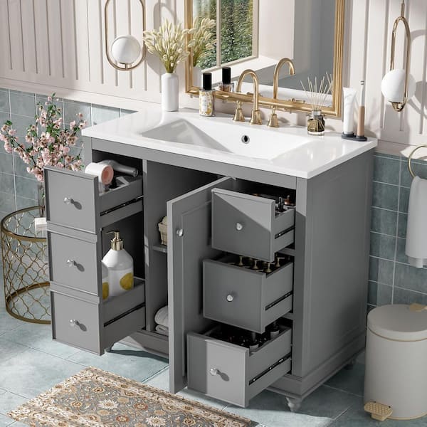 36 in. W x 18 in. D x 33.87 in. H Single Sink Freestanding Bath Vanity in Gray with White Resin Top