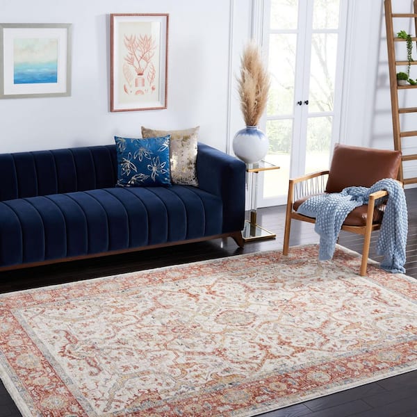 Valencia 8 ft. x 10 ft. Ivory/Rust Distressed Border Ornate Area Rug