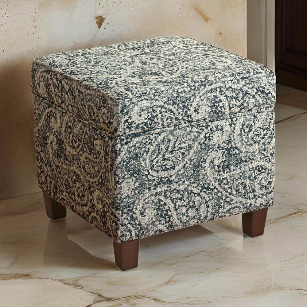Paisley Blue and Gray Fabric Upholstered Storage Ottoman
