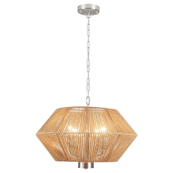 ZJVAIVE 4-Light Drum Nickel Hanging Linear Chandelier Lighting with Paper Rattan Shaded for Kitchen Island
