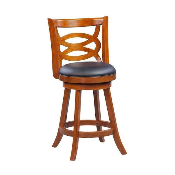 Benjara 37.5 in. H Cherry Brown High Back Swivel Counter Stool with Open Geometric Curved Wooden Back