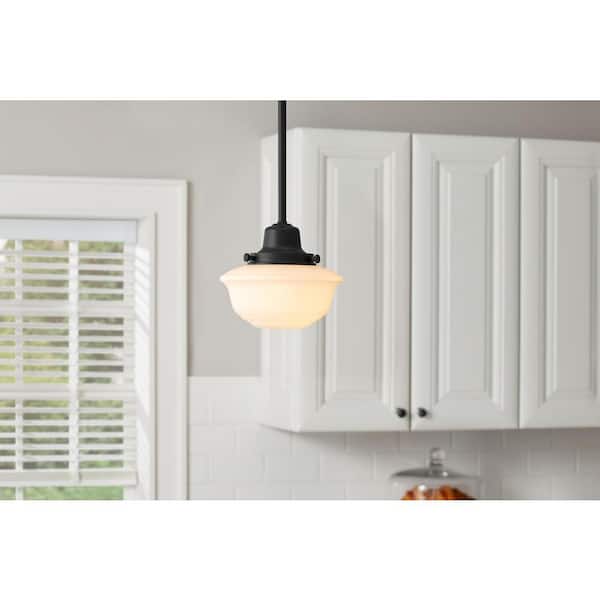 Hampton Bay Belvedere Park 1-Light Bronze Mini-Pendant, Farmhouse Hanging Light, Kitchen Pendant Lighting with Frosted Glass Shade