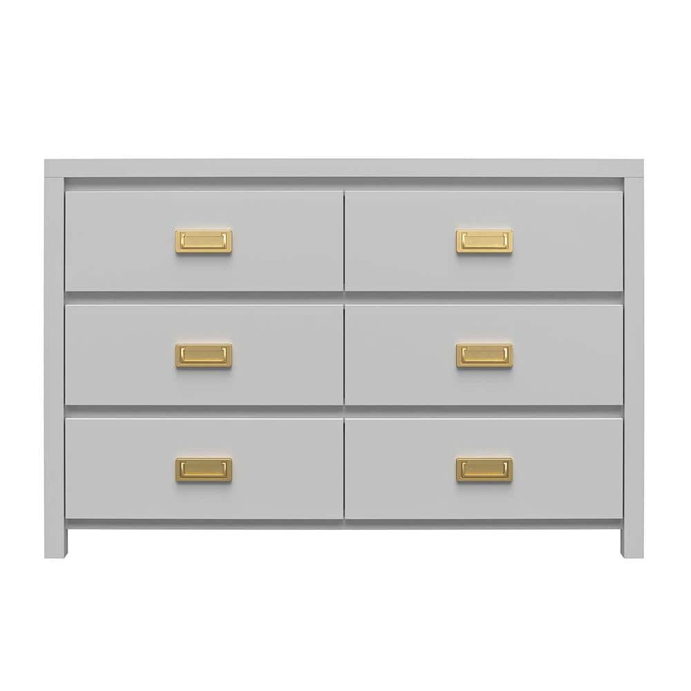 Dove Gray 6-Drawer Campaign Style Dresser with Gold Pulls