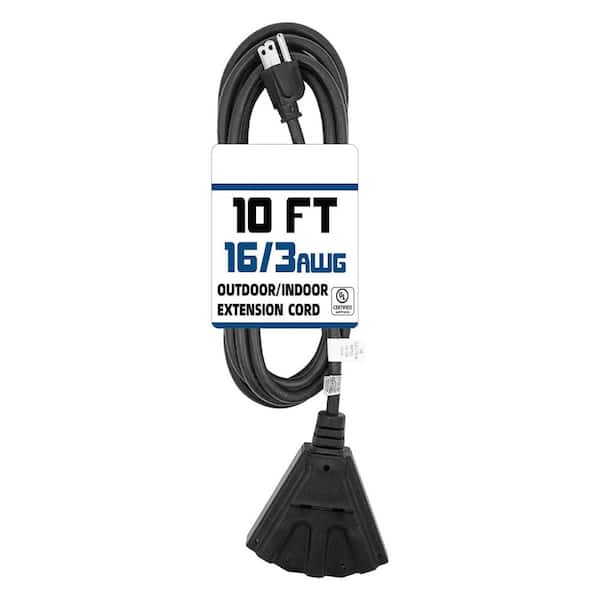10 ft. 16/3 SJTW Indoor/Outdoor Extension Cord with 3 Outlets, 3 Prong Grounded Plug, Black, Heavy Duty, Weatherproof