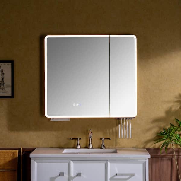 30.75 in. W x 27.5 in. H Rectangular Aluminum Surface-Mount Bathroom Medicine Cabinet with Mirror and LED Light in Gray
