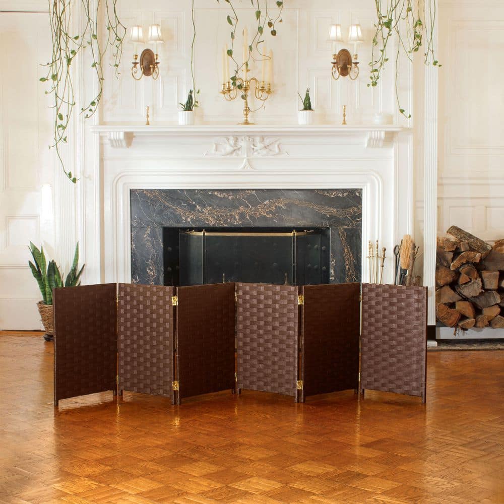 Oriental Furniture 2 ft. Short Woven Fiber Folding Screen - 6 Panel - Dark Mocha
