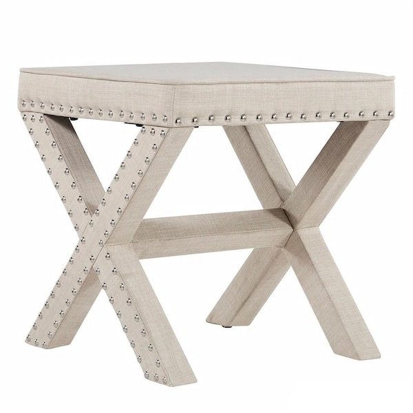 HomeSullivan Beige Linen X-Base Nailhead Stool (17 in. W x 17 in. D x 18 in. H)