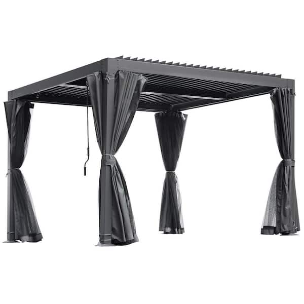 10 ft. x 10 ft. Outdoor Louvered Pergola with Adjustable Aluminum Rainproof Roof with Curtains and Netting, Black