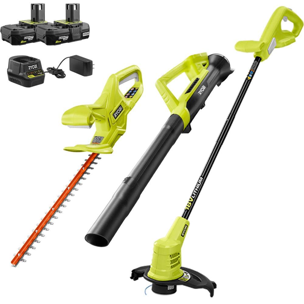 RYOBI ONE+ 18V Cordless Battery String Trimmer/Edger, Hedge Trimmer, Blower (3-Tool) w/ (2) 2.0 Ah Batteries and Charger -  P20131VNM