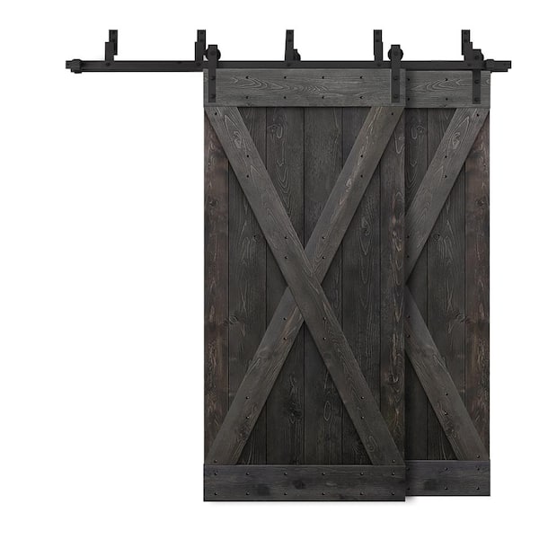 CALHOME 56 in. x 84 in. X Bypass Charcoal Black Stained DIY Solid Wood Interior Double Sliding Barn Door with Hardware Kit