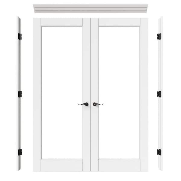 60 in. x 80 in. 1-Lite Clear Glass Universal-Hand White Solid Core Glass Double Prehung French Door+ Quick Assemble Jamb