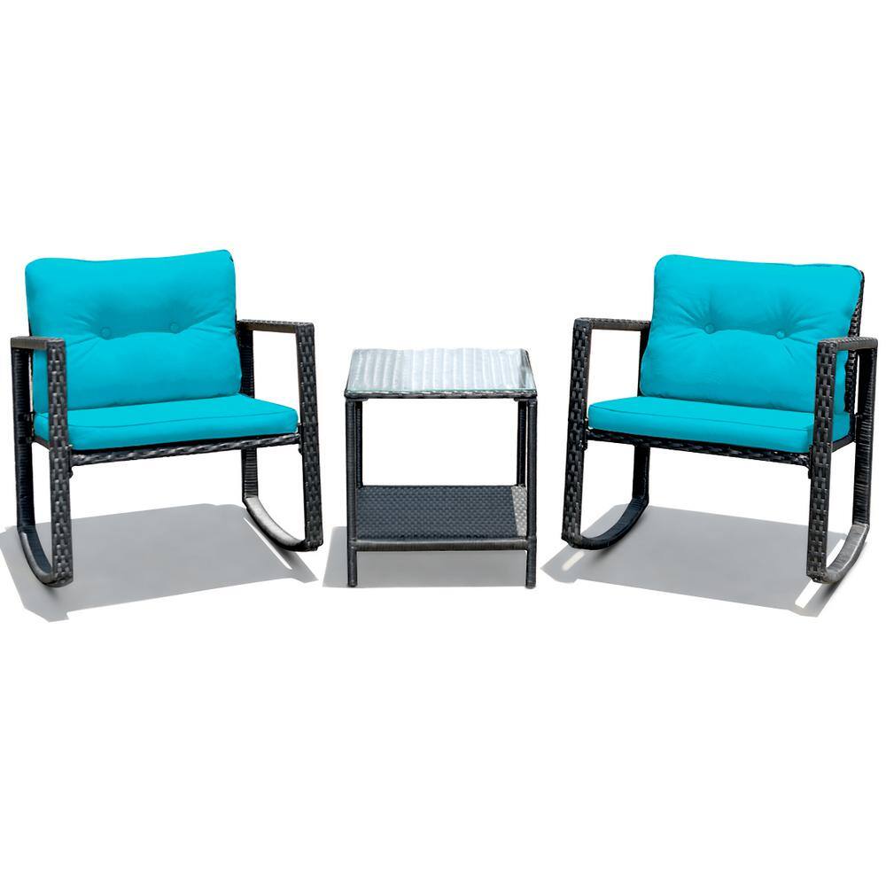 Black 3-Piece Rattan Wicker Patio Conversation Set Rocking Chairs With Blue Cushions price history on PriceWatchPro