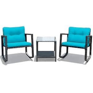 Black 3-Piece Rattan Wicker Patio Conversation Set Rocking Chairs With Blue Cushions