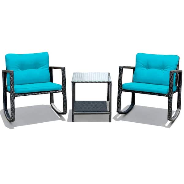 Costway Black 3-Piece Rattan Wicker Patio Conversation Set Rocking Chairs With Blue Cushions