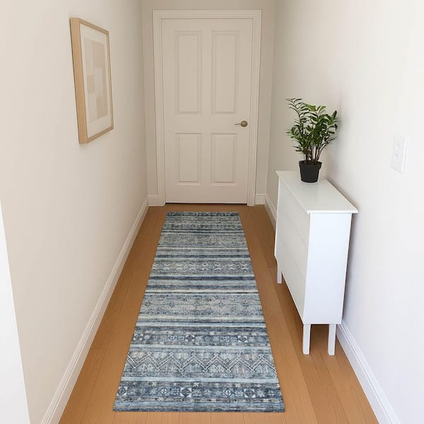 Mayfield Premium Machine Washable Abstract AMF1653 Blue 2 ft. 3 in. x 7 ft. 6 in. Runner Rug