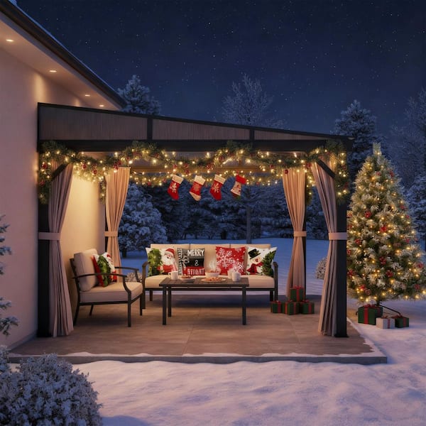 VineLull 12 ft. x 14 ft. Aluminum Frame Wall-Mounted Galvanized Steel Hardtop Lean-to Gazebo with Curtains and Netting