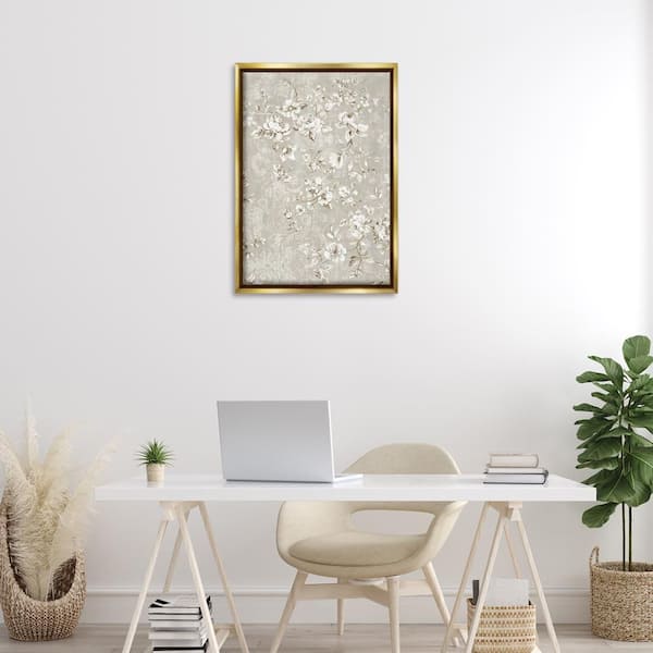 White Flowers over Damask by LSR Creative Studio Gold Floater Frame Nature Graphic Art Print 31 in. x 21 in.
