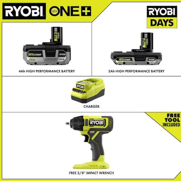 ONE+ 18V Cordless 3/8 in. Impact Wrench Kit with (1) 4Ah Battery, (1) 2Ah Battery, and Charger