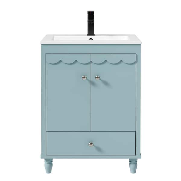 24 in. W x 18.3 in. D x 34 in. H Freestanding 1-Sink Bath Vanity in Blue with White Ceramic Top and Drain Faucet Set