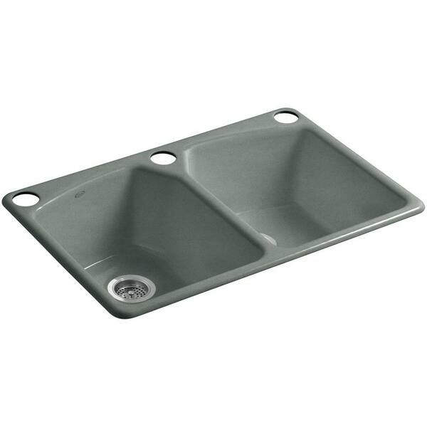 KOHLER Tanager Undermount Cast-Iron 33 in. 3-Hole Double Bowl Kitchen Sink in Basalt