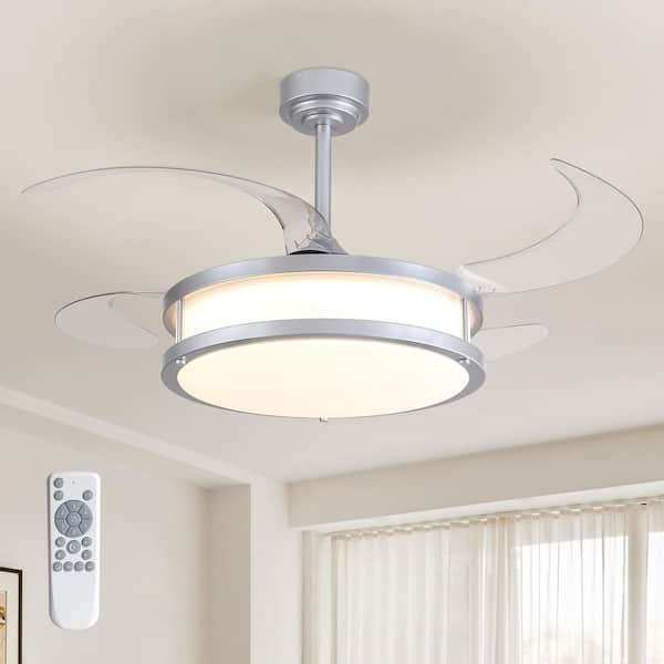 48 in. Indoor Modern Retractable Silver Downroad Mount Clear Blade Ceiling Fan with Dimmable LED with Remote Included