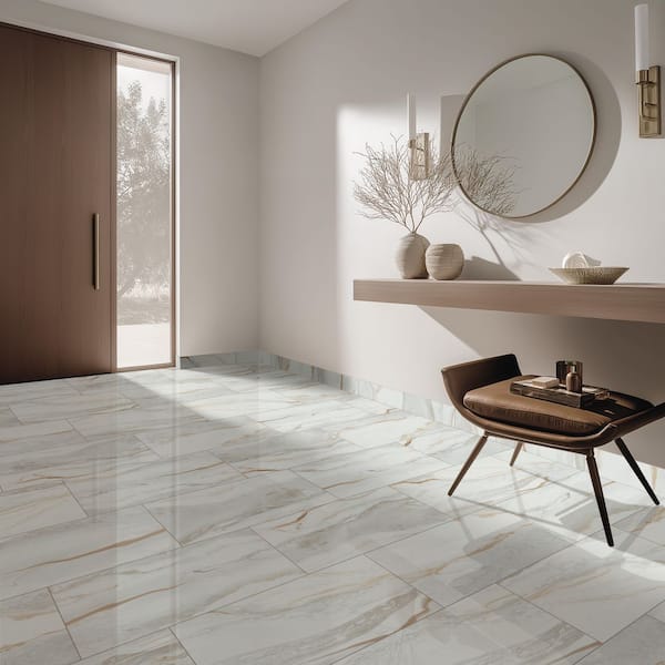 Delle Ondas Rectangle 16 in. x 32 in. Polished Beige Porcelain Marble Look Floor and Wall Tile (14.2 sq. ft./Case)