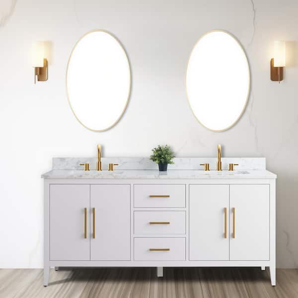 Vanity Art 72 in. W x 22 in. D x 34 in. H Double Sink Bathroom Vanity Cabinet in White with Engineered Marble Top