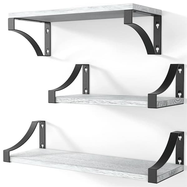 Cubilan 5.9 in. x 16.4 in. x 4.3 in. White Wood Floating Decorative Wall Shelves with Metal Brackets (Set of 3)