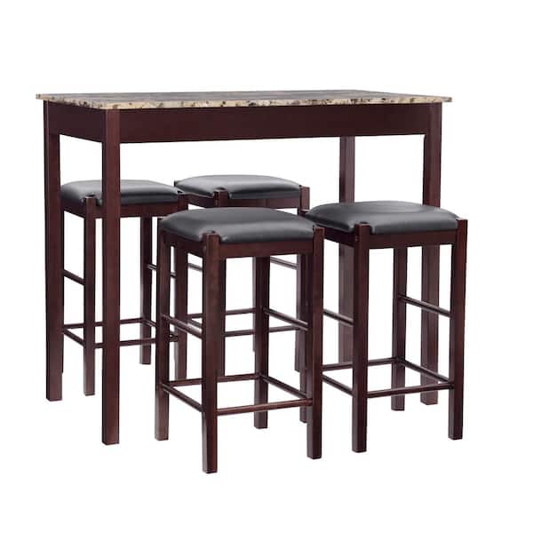 Linon Home Decor Tahoe 5-Piece Rectangle Espresso Brown Faux Marble Top Tavern Dining Set Seats 4