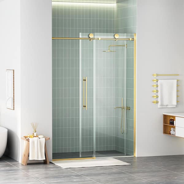 54 in. W x 75 in. H Sliding Frameless Shower Door in Brushed Gold with Tempered Glass