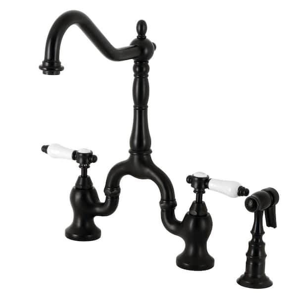 Kingston Brass Bel-Air Double-Handle Deck Mount Bridge Kitchen Faucet with Brass Sprayer in Matte Black