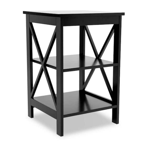 Benjara 15.75 in. Black Square Wood End Table with 2-Shelves and Crossed Accent Frame