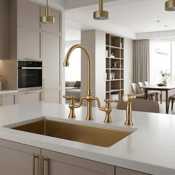 2-Handle Bridge Kitchen Faucet with Side Sprayer in Gold