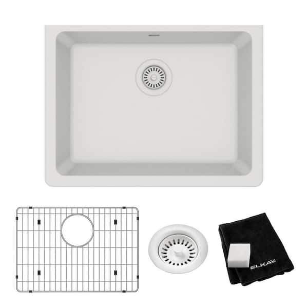 Quartz Classic 25 in. Undermount Single Bowl White Granite/Quartz Composite Kitchen Sink Kit w/ Accessories