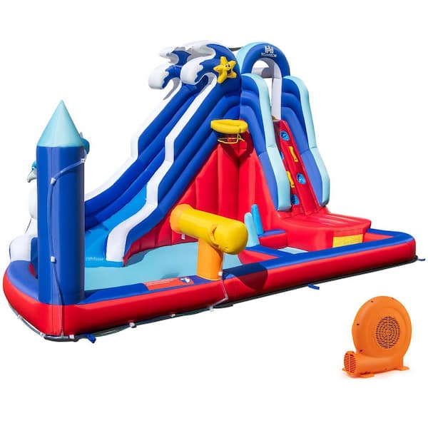 Gymax Inflatable Water Slide Park w/750-Watt Blower Slide 2 Splash Pools Climbing Wall Blue+Red