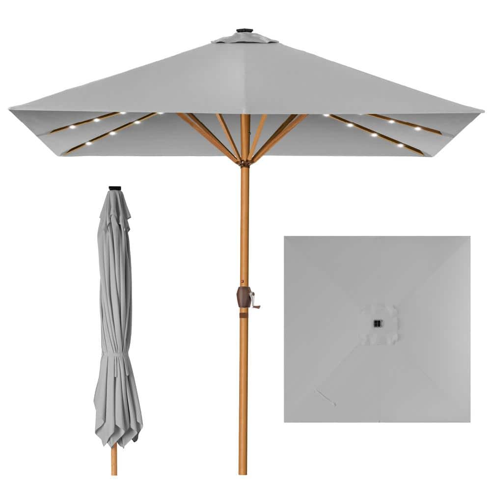 Fog Gray 9ft Square Solar LED Lighted Market Patio Umbrella with Steel Pole