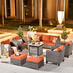 New Vultros Gray 8-Piece Wicker Patio Fire Pit Conversation Seating Set with Orange Red Cushions