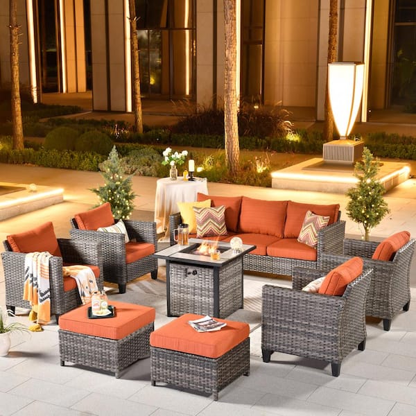 OVIOS New Vultros Gray 8-Piece Wicker Patio Fire Pit Conversation Seating Set with Orange Red Cushions