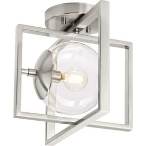 Atwell 10 in. 1-Light Brushed Nickel Semi-Flush Mount with Clear Glass Shade