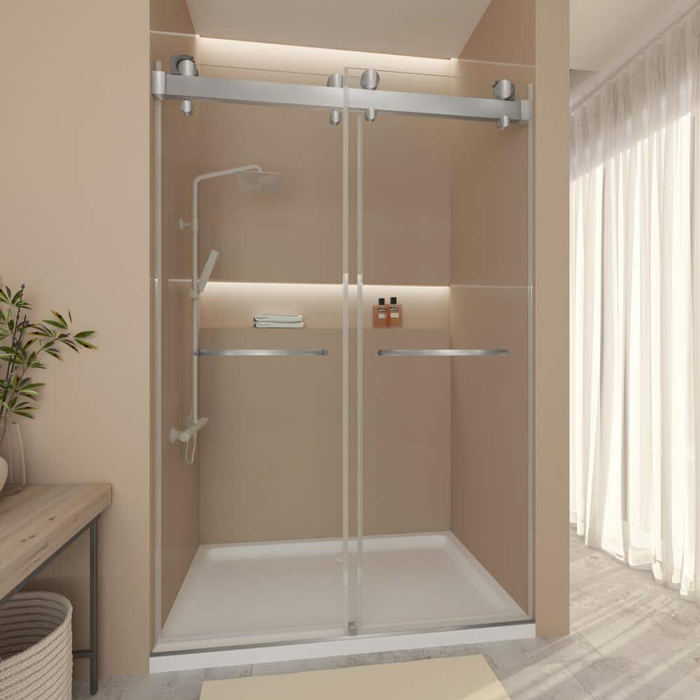 60 in Brushed Silver Frameless Double Sliding Shower Door
