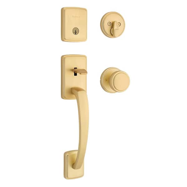 Brentford Satin Brass Keyed Door Handleset with Deadbolt and Sora Door Knob Featuring SmartKey Security