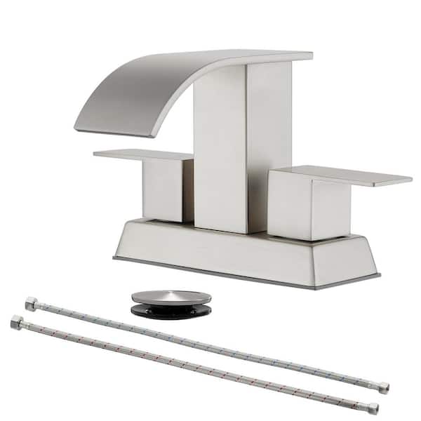 FLG 4 in. Centerset Double Handle Bathroom Faucet with Pop-up Drain Stainless Steel Waterfall Sink Taps in Brushed Nickel