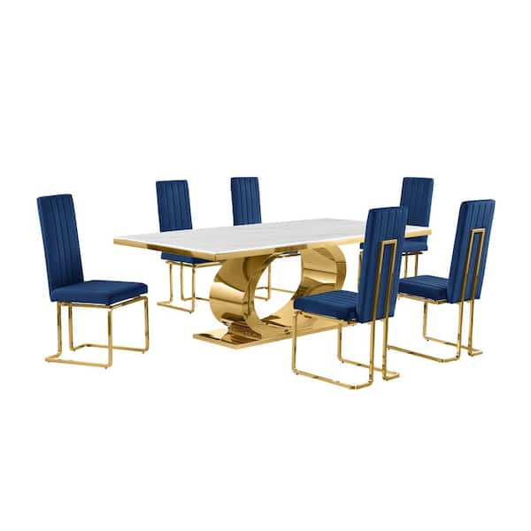 Ibraim 7-Piece Rectangle White Marble Top Gold Stainless Steel Dining Set with 6 Navy Blue Velvet Gold Chrome Iron Chair
