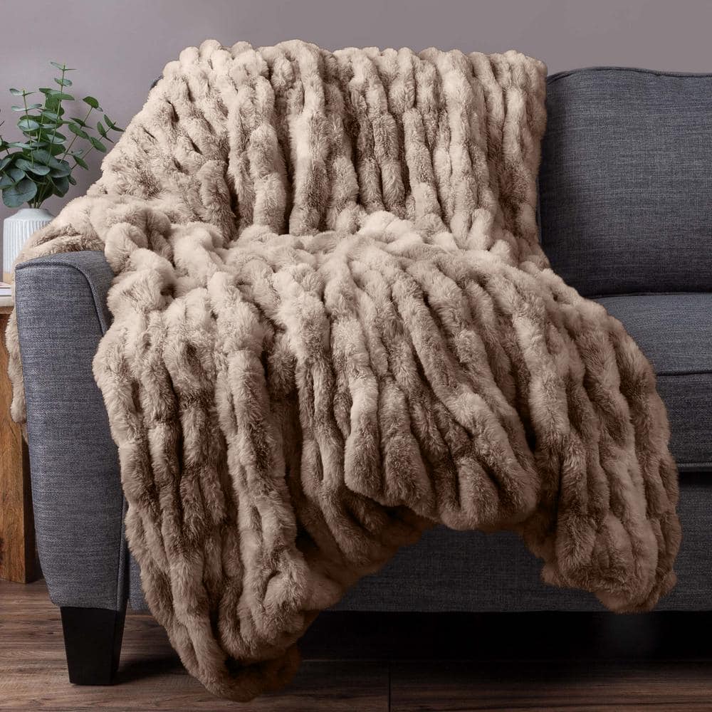Taupe 60x80-Inch Ruched Faux Fur Queen Blanket