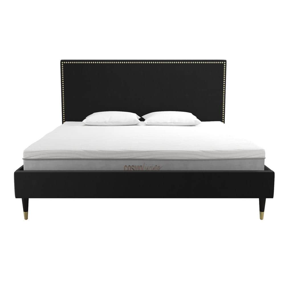 Audrey King Black Velvet Upholstered Platform Bed with Nailhead Trim