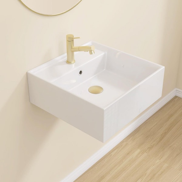 15.75 in Ceramic RV Sink Wall-Mounted Square Bathroom Sink with Single Faucet Hole in White Floating Vessel Sink