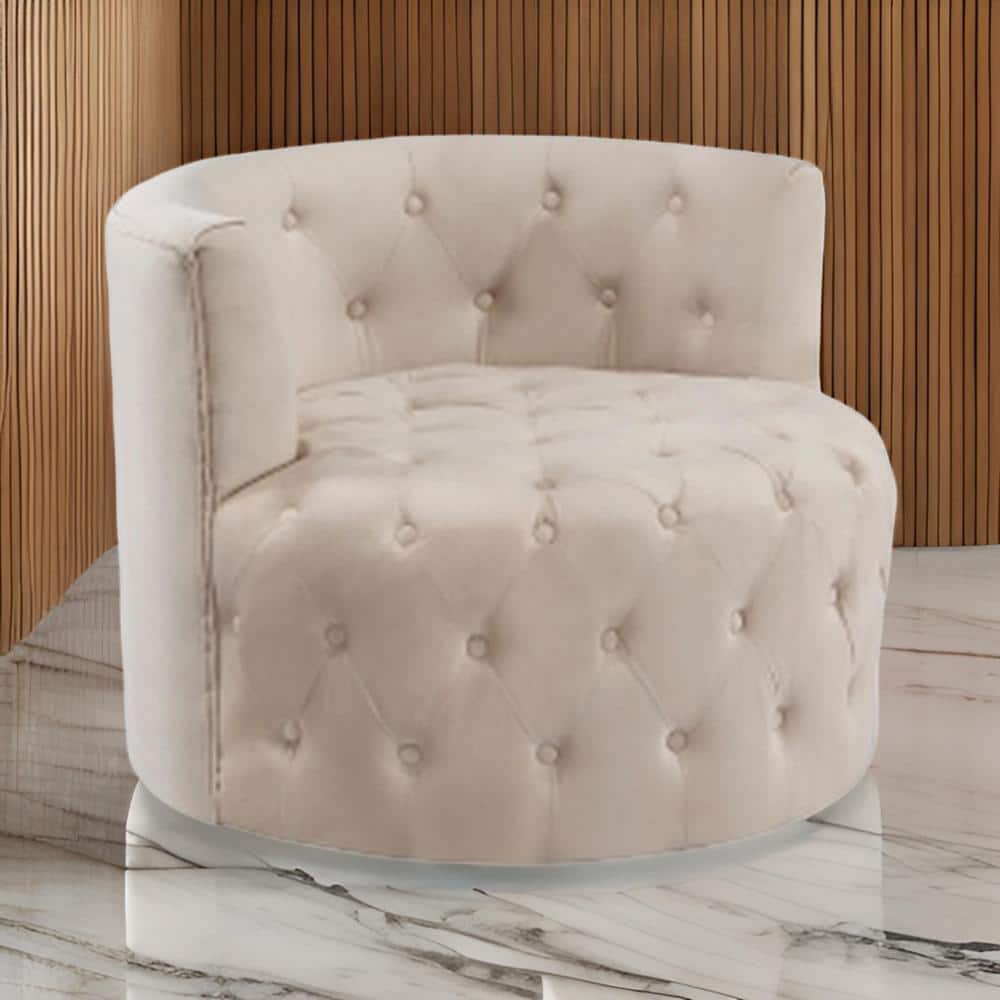 Benjara Beige Velvet Arm Chair with Round Design, Button Tufted BM314273 The Home Depot